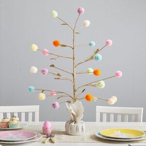 🐇🥕POTTERY BARN KIDS 28" Easter Gold Glitter Pom Pom Tabletop Tree Decor 🐇🥕